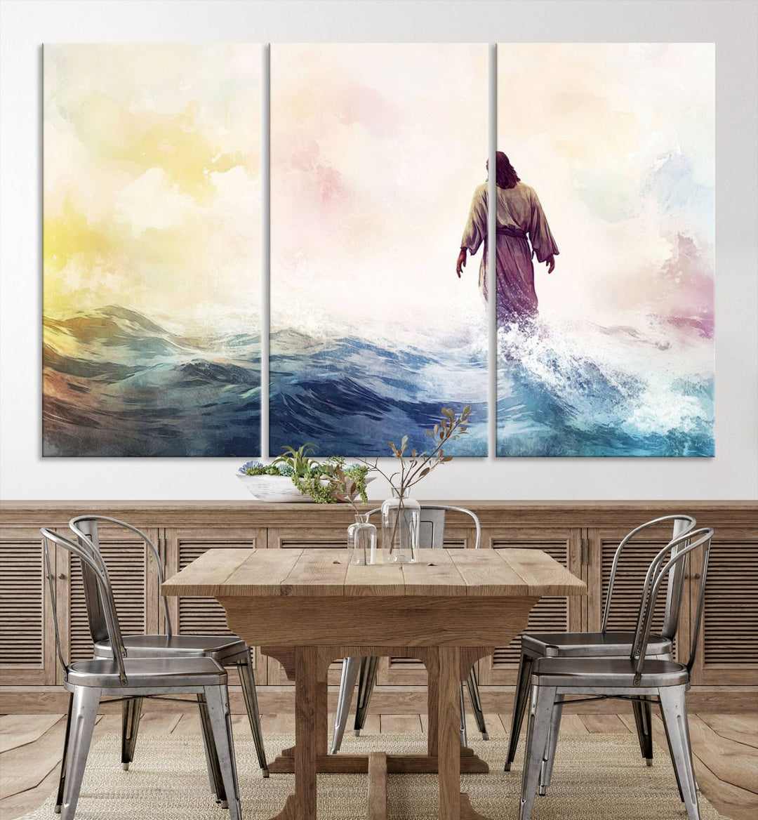 Watercolor Jesus Walking on Water Canvas Print, Christian Wall Art, Jesus Christ Walking