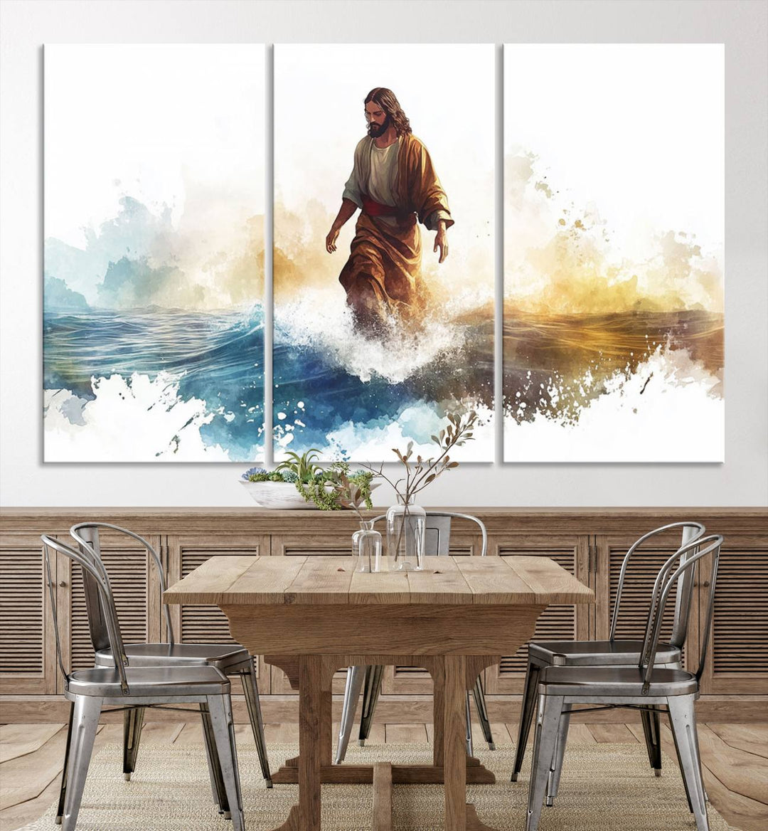 Watercolor Jesus Walking on Water Canvas Print, Christian Wall Art, Jesus Christ Walking