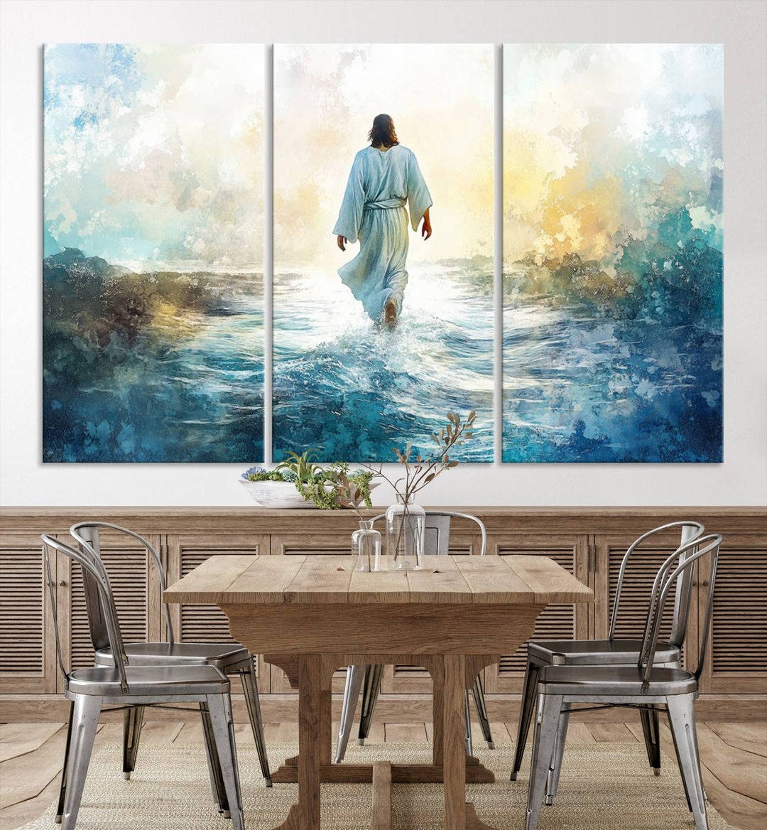 Watercolor Jesus Walking on Water Canvas Print, Christian Wall Art, Jesus Christ Walking