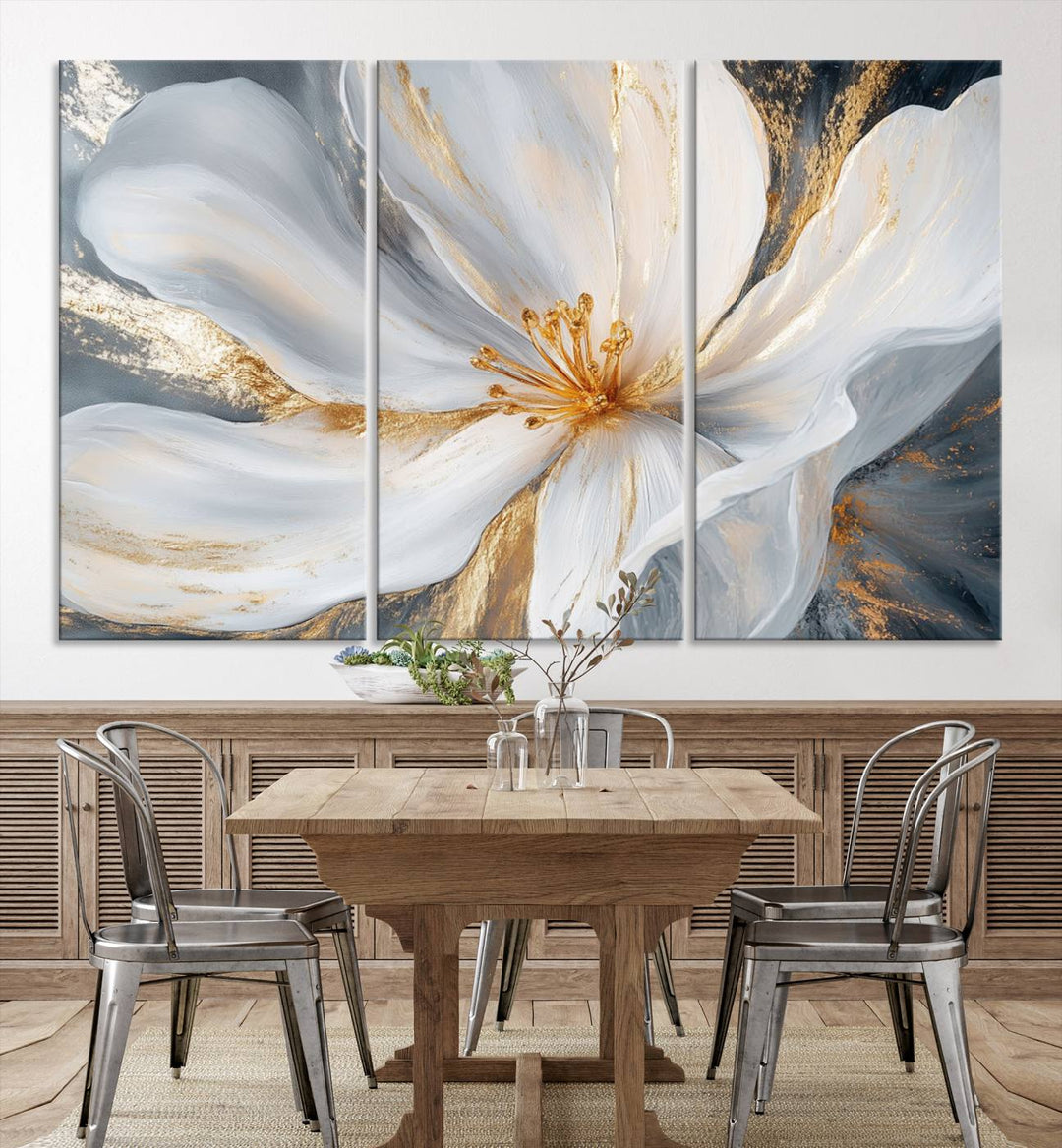 White and Gold Floral Canvas Wall Art - Framed and Ready to Hang - Perfect for Modern Living Rooms