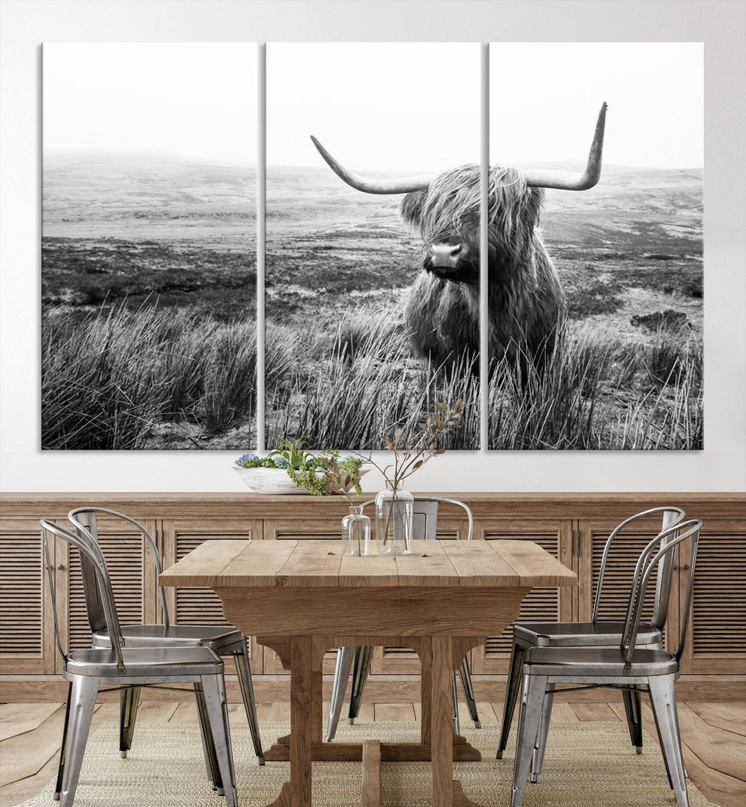 Scottish Highland Cow Wall Art | Black and White Canvas Print | Ready to Hang and Framed | Rustic Farmhouse Wall Decor for Living Room or Office