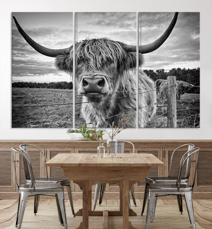 Scottish Highland Cow Wall Art Canvas Print | Ready to Hang and Framed | Rustic Farmhouse Decor