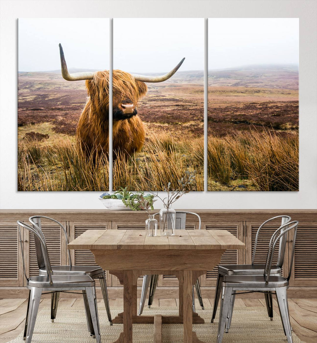 Scottish Highland Cow Wall Art Canvas Print | Ready to Hang and Framed | Rustic Farmhouse Decor for Living Room or Cabin