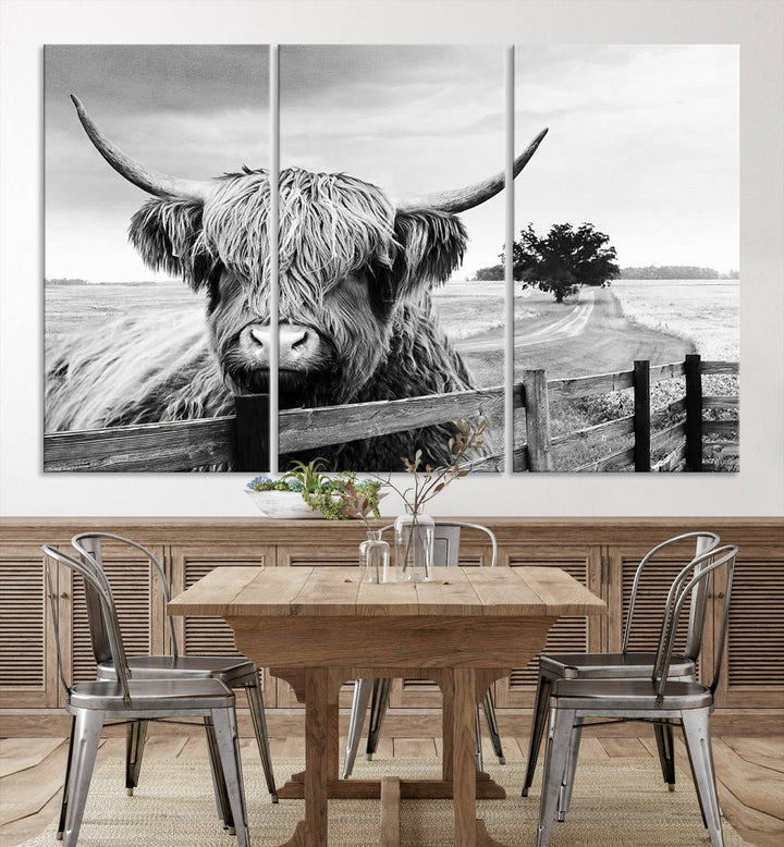 Scottish Highland Cow Wall Art | Rustic Farmhouse Décor | Black and White Ready to Hang Canvas Print