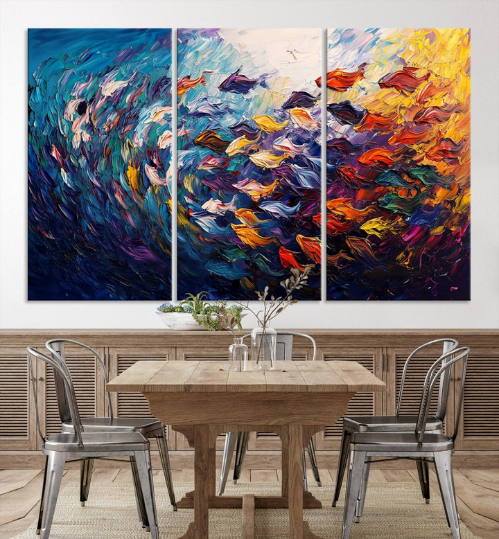 Vibrant Abstract Fish Swarm Art – Colorful Fish Inspired 3-Piece Canvas Wall Art for Living Room or Office – Framed and Ready to Hang