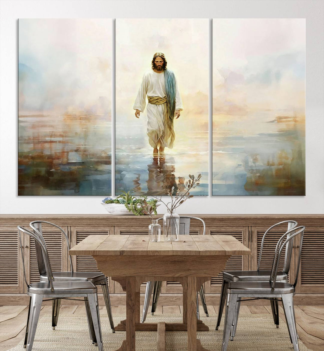 Framed Jesus Walking on Water Wall Art - 3-Panel Christian Canvas Prints, Religious Artwork, Ready to Hang Home Decor for Living Room, Office, or Church