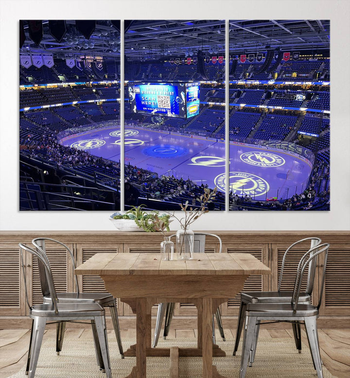 The wall art canvas print at Amalie Arena features team logos on ice, encapsulating the vibrant atmosphere of an NHL hockey stadium.