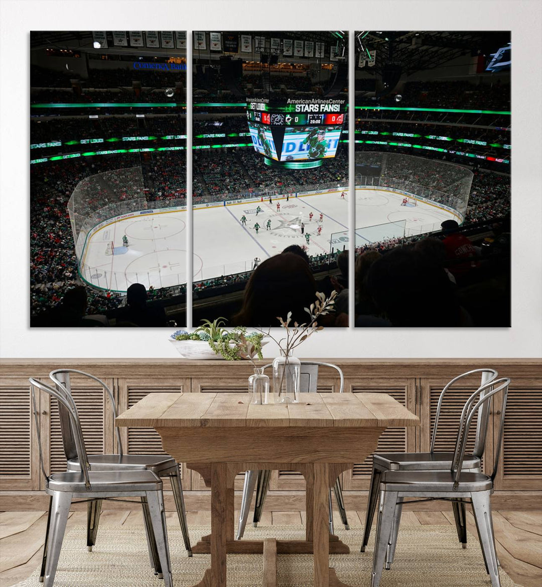 The Dallas Stars Wall Art Canvas Print is as clear as the scoreboard stats at a hockey game in a large arena with bright lights.