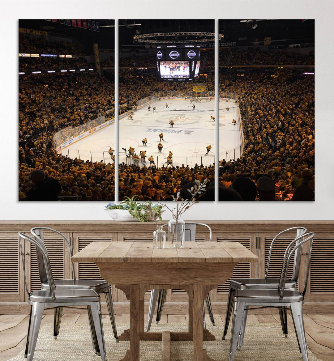 A captivating triptych canvas print, titled "Bridgestone Arena - Nashville Predators Hockey Team Print," adorns the wall. This Nashville wall art canvas print is perfect for Predators fans who appreciate sports-themed decor.