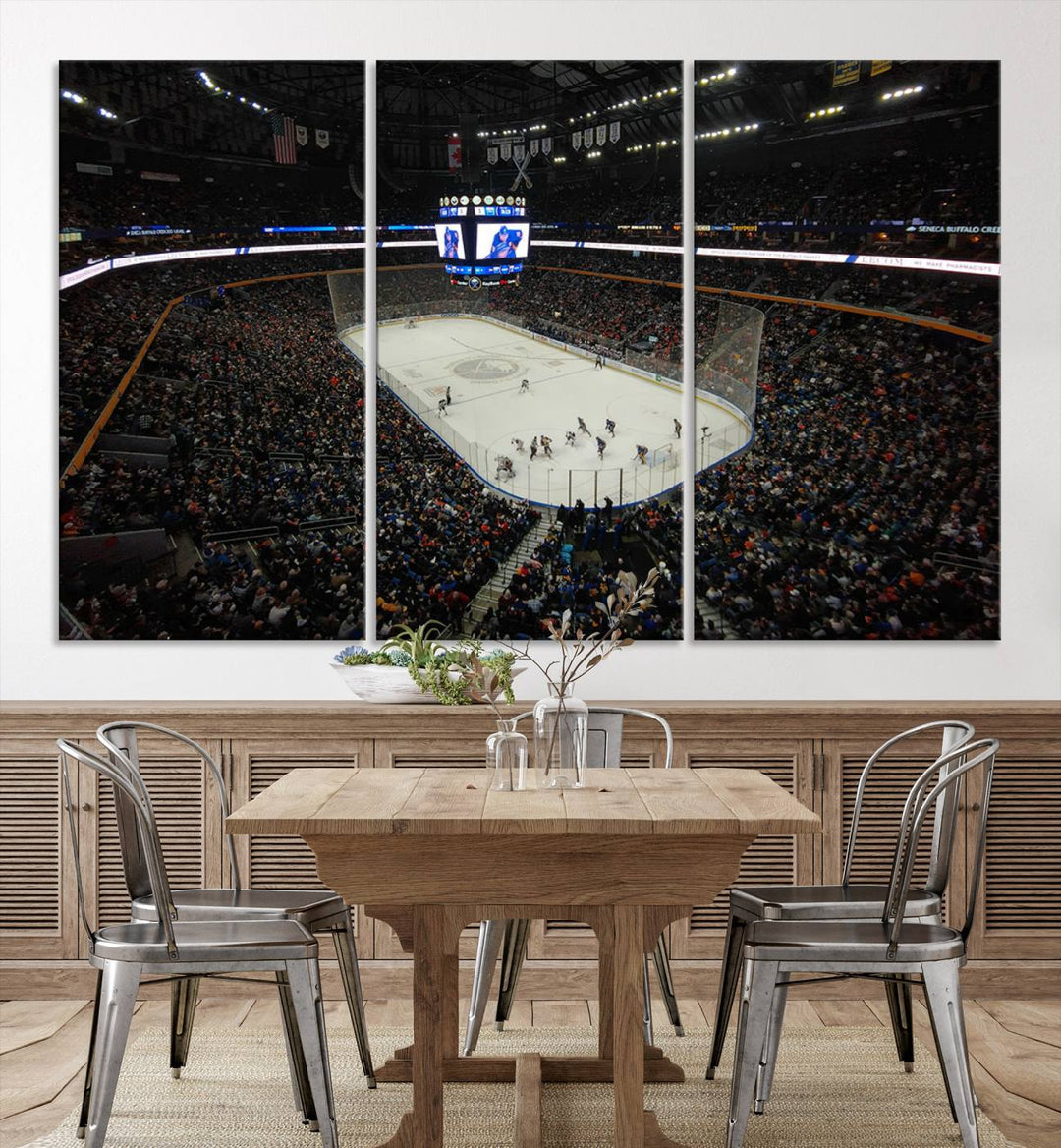 The nautical-themed room is enhanced by the KeyBank Center New York Buffalo Sabres Hockey Stadium Wall Art Canvas Print, a three-panel depiction of a bustling hockey arena with a gallery-quality finish. This canvas artwork, handmade in the USA, introduces an element of sporting elegance to your decor.