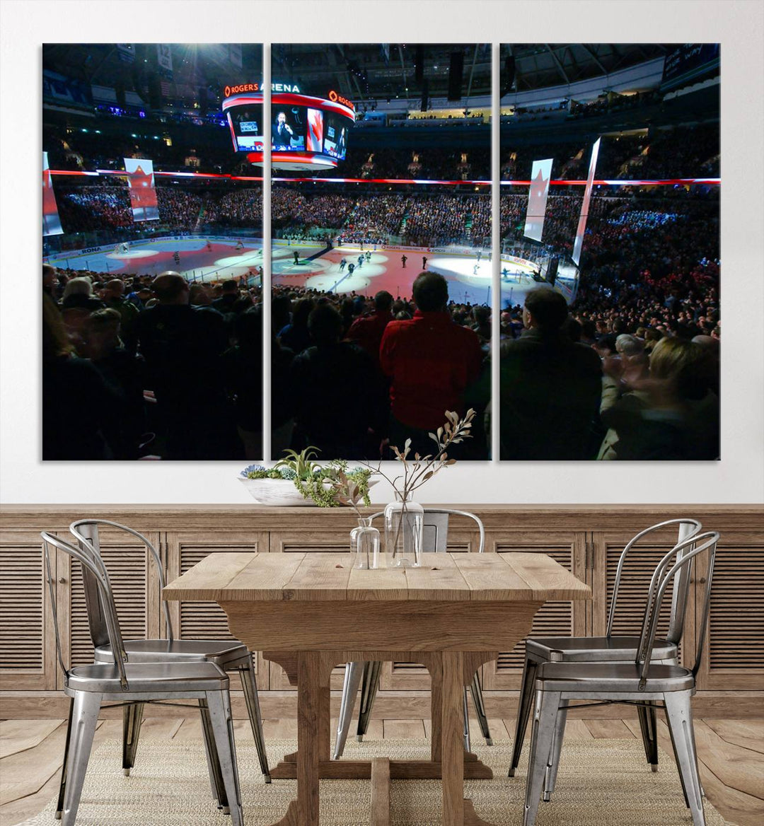 Experience the intense atmosphere of a full-capacity ice hockey game at Rogers Arena, home of the Vancouver Canucks, captured on museum-quality canvas.