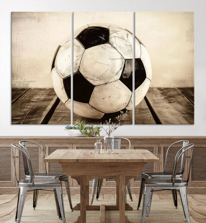 Vintage Soccer Ball Triptych Canvas Art – 3-Panel Soccer Wall Decor, Framed and Ready to Hang Sports Art for Home, Office, or Gym