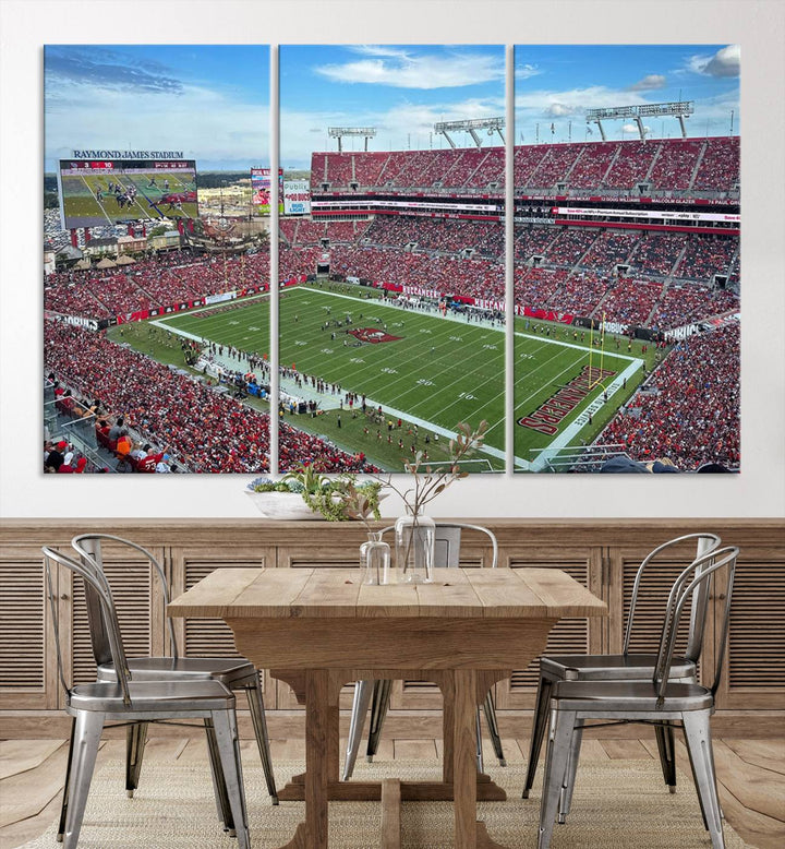 The Florida Tampa Raymond James Stadium Wall Art Canvas Print is featured above the cabinet.