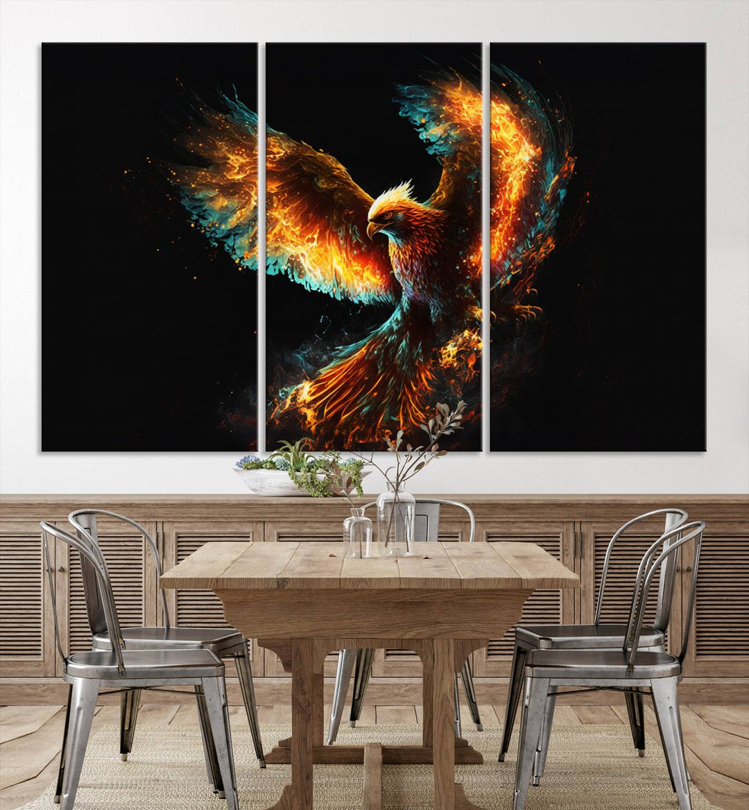 The Fiery Phoenix Canvas Print, showcasing a majestic bird with fiery wings against a black background, makes for the perfect bold decor in your living room.