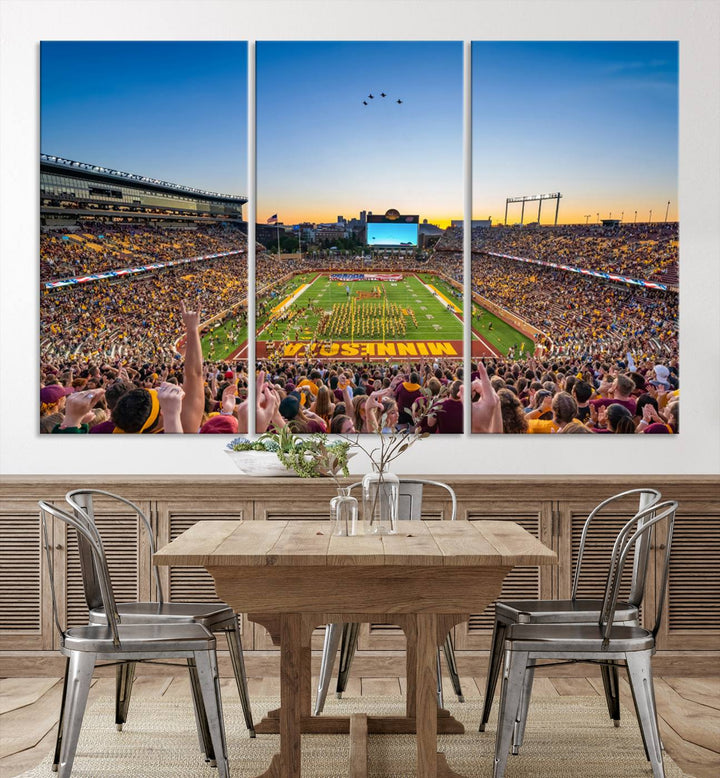 Canvas wall art featuring the University of Minnesota Football Team print, showcasing Huntington Bank Stadium at sunset with jets overhead.