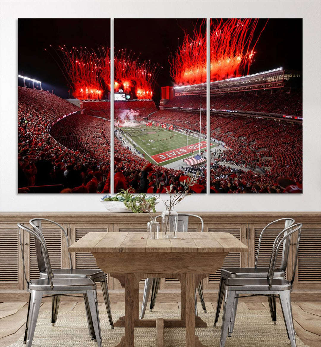 A vibrant red canvas art of a packed Ohio State Buckeyes stadium at night with fireworks.