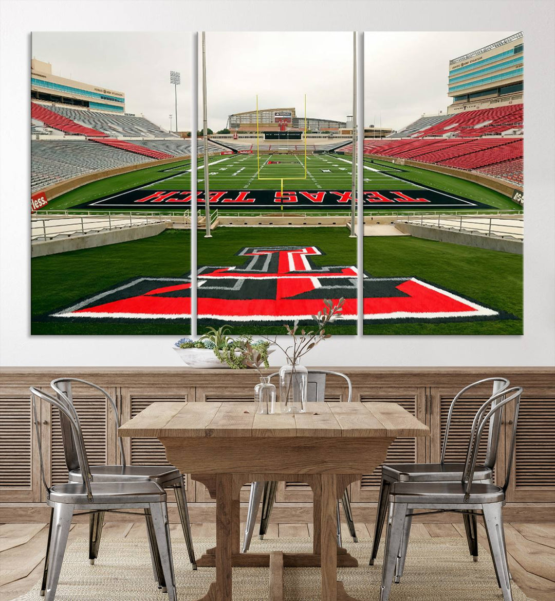 Gallery-quality print of Lubbock Jones AT&T Stadium featuring the Texas Tech Red Raiders field, highlighted by red and gray bleachers.