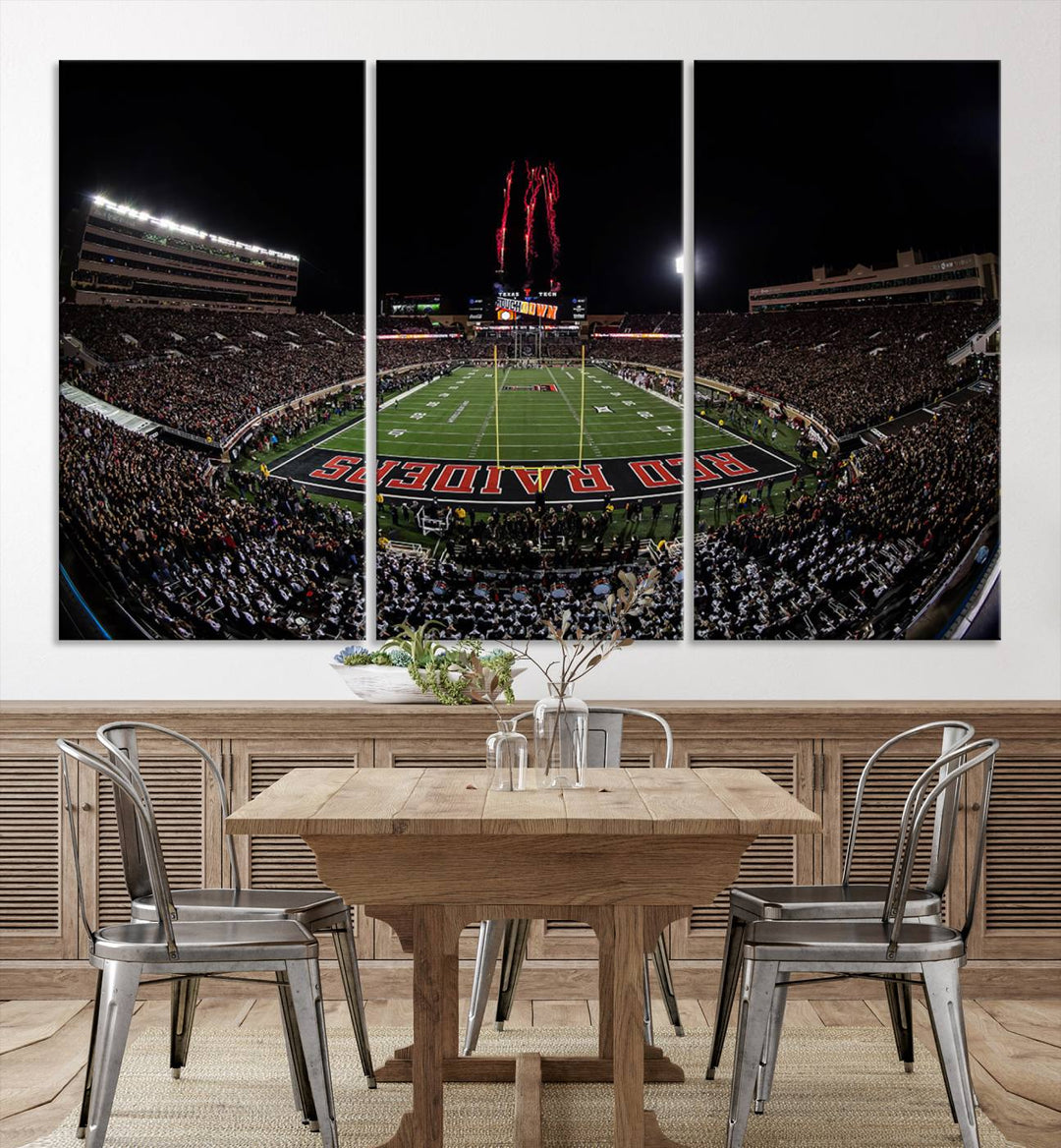 The wall features a Texas Tech Red Raiders Football Team Print on canvas, showcasing fireworks over a packed stadium at night.