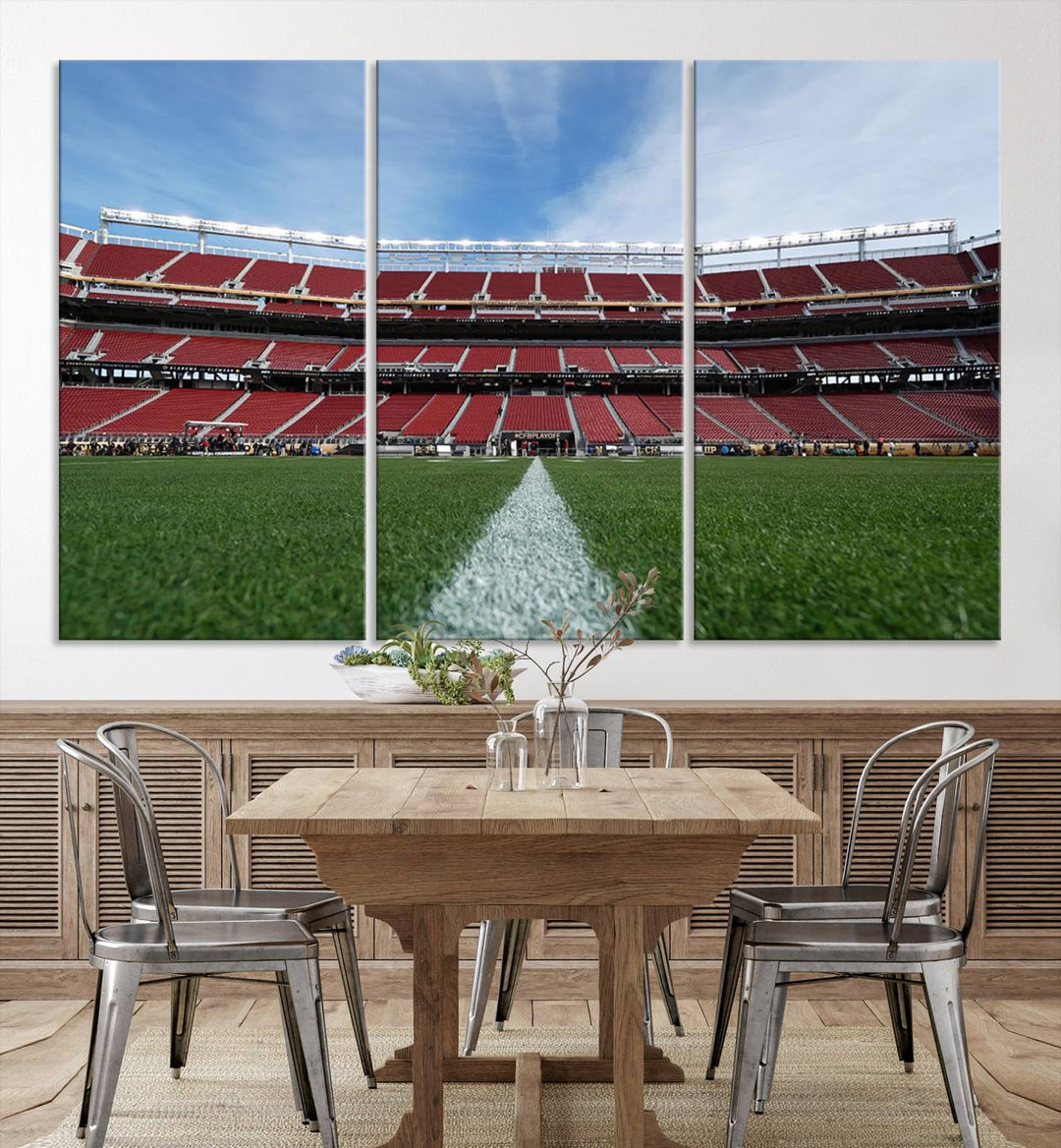 A canvas print of the University of Tulsa Golden Hurricane showcases H.A. Chapman Stadiums football field and red seats against a backdrop of a blue sky.