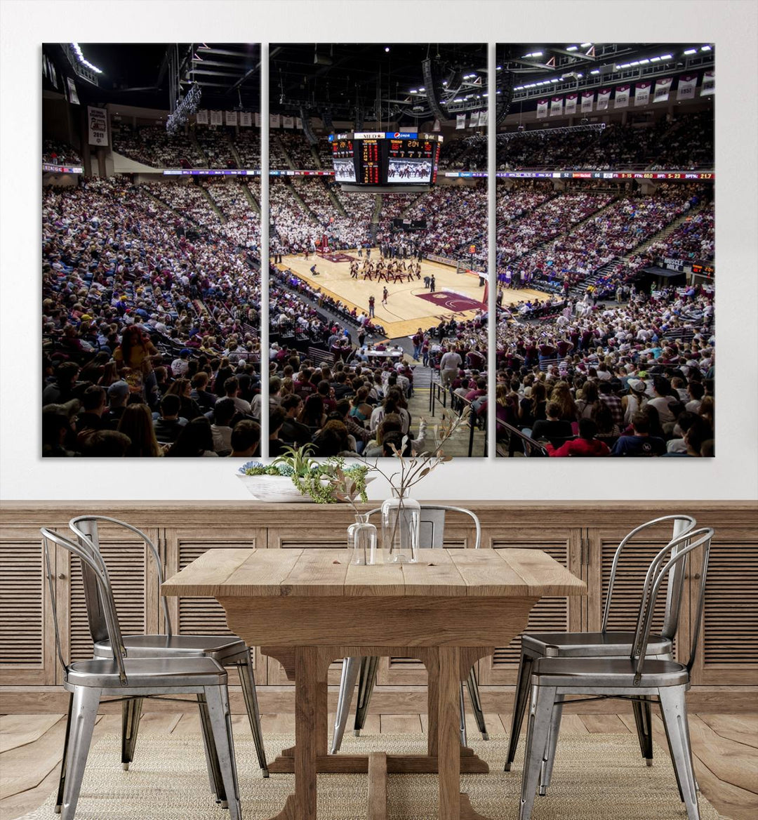 The Nebraska Basketball Arena Wall Art Canvas features an arena filled with Cornhuskers fans and players beneath a scoreboard.