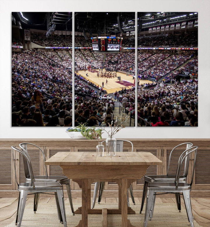 The Nebraska Basketball Arena Wall Art Canvas features an arena filled with Cornhuskers fans and players beneath a scoreboard.