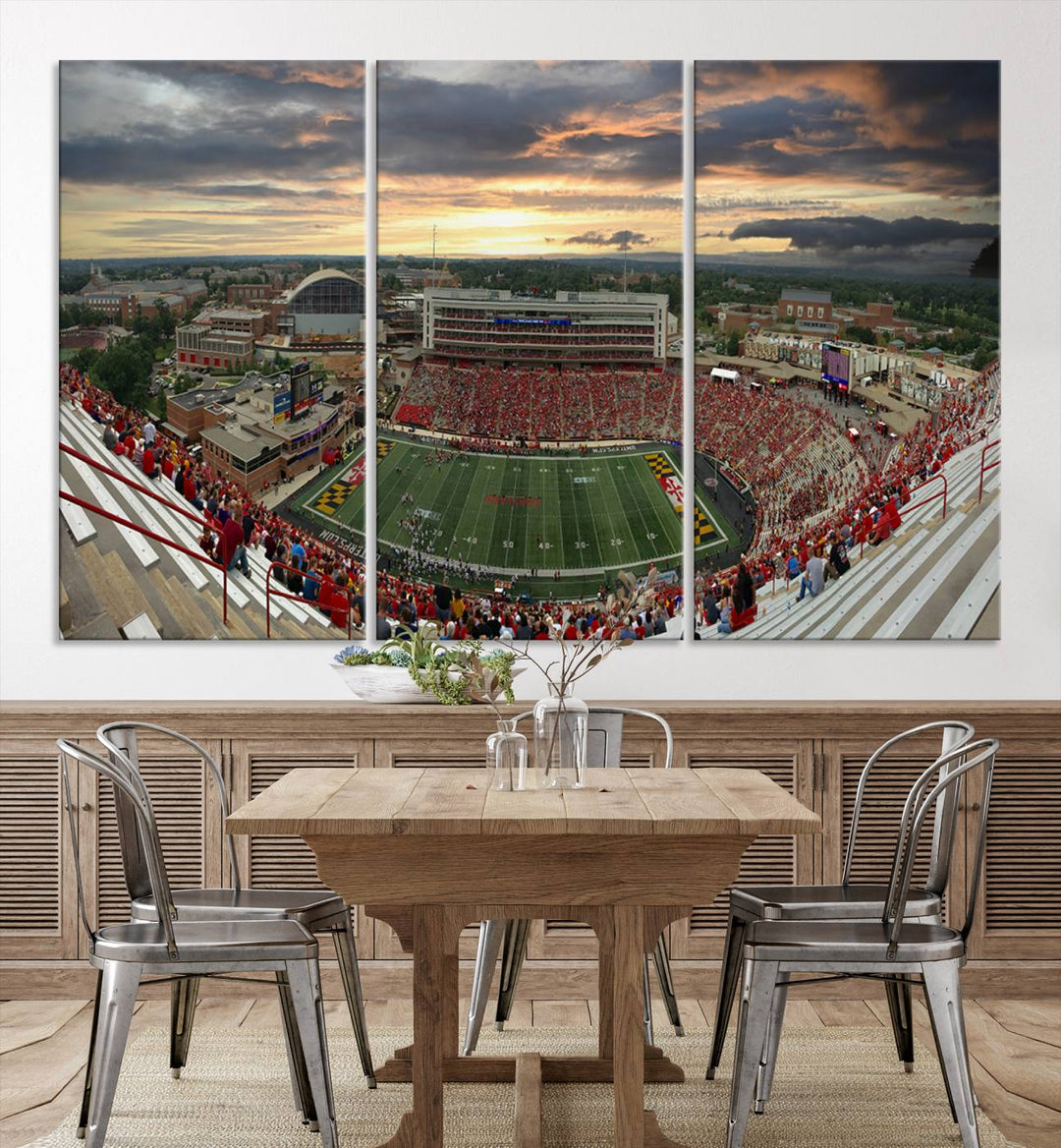 The University of Maryland Terrapins Football Team Print features SECU Stadium at sunset with vibrant skies.