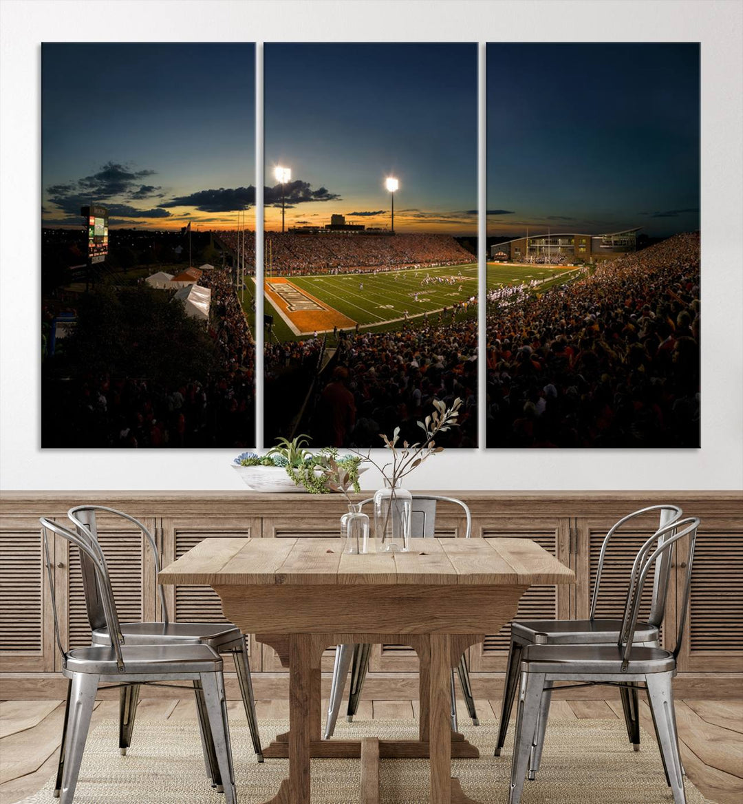 Ball State Cardinals Football Team Print - Muncie Scheumann Stadium Canvas featuring a sunset, floodlights, and lively crowd.