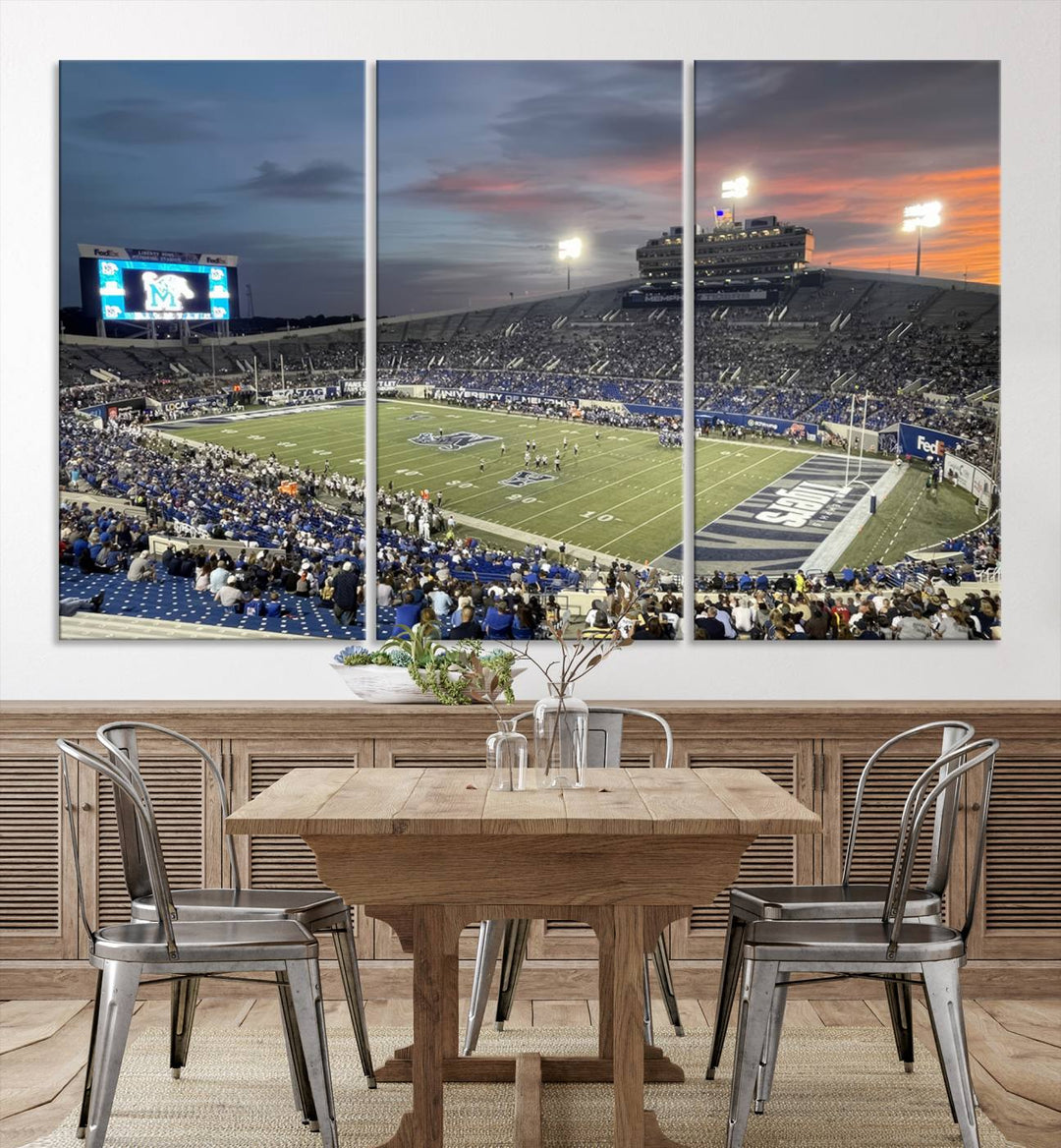 A Memphis Tigers football canvas print of Simmons Bank Liberty Stadium at sunset enhances the living room.