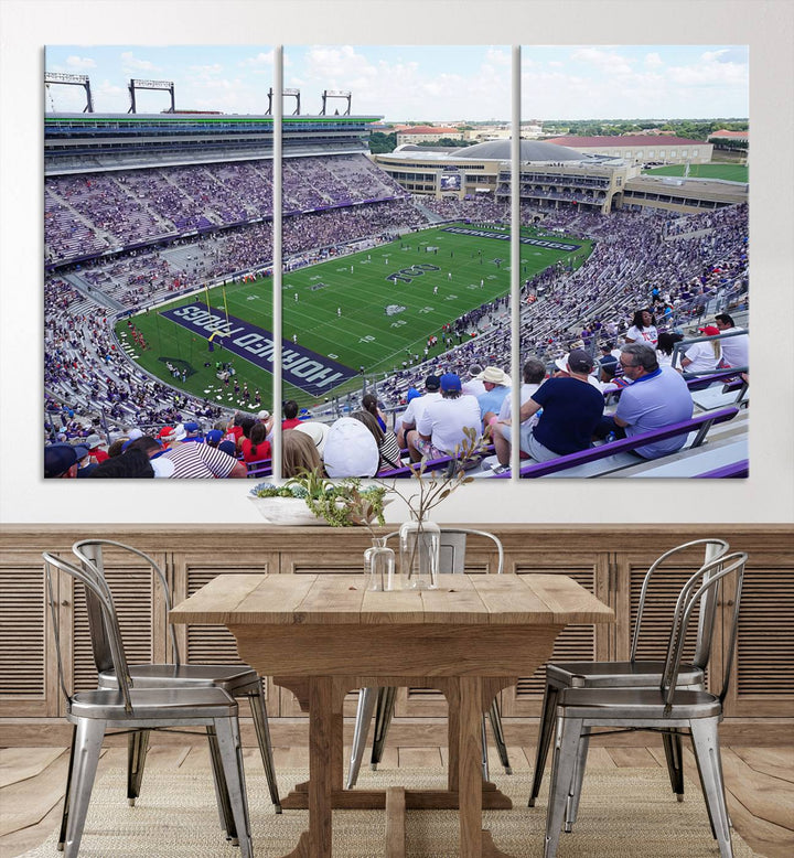 Amon G. Carter Stadium wall art canvas showcasing the TCU Horned Frogs and packed stands at Fort Worth.