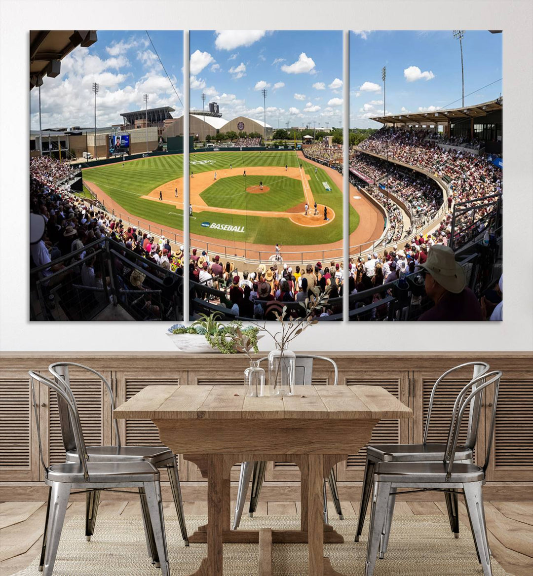 A baseball stadium under a blue sky, capturing the energy of The Texas A&M Aggies Athletics Kyle Field Wall Art.