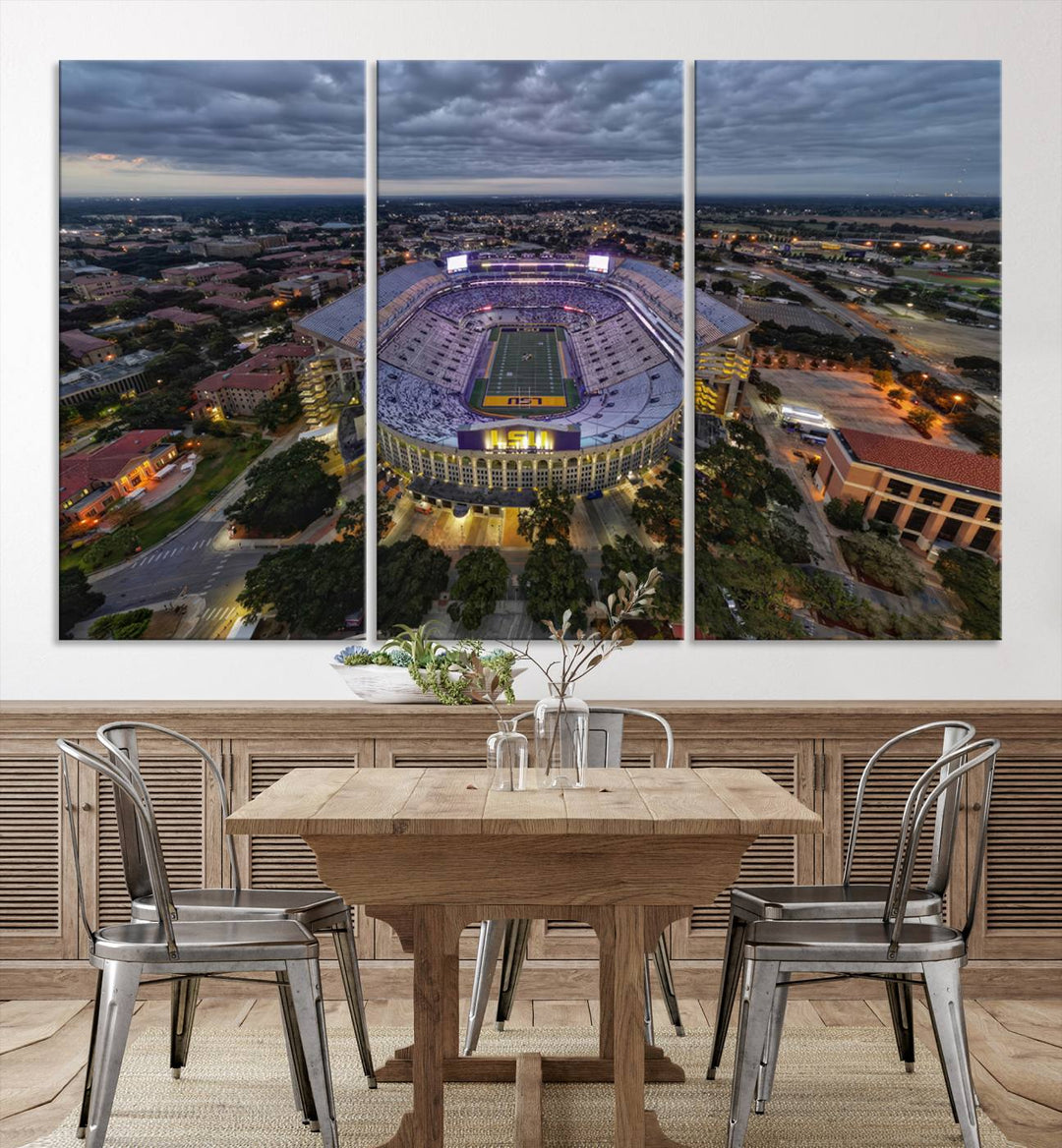 The LSU Tigers Football Team Baton Rouge Tiger Stadium Canvas is displayed prominently, capturing attention with its vivid depiction of the iconic stadium.