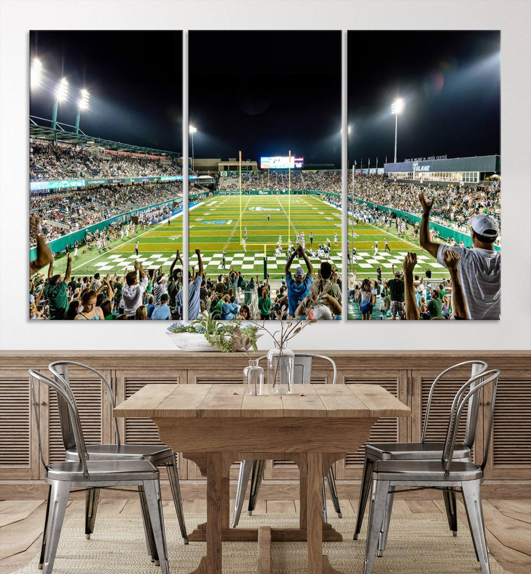 This vibrant wall art canvas print captures the excitement of fans cheering for the Tulane Green Wave Football Team under the lights of Yulman Stadium.