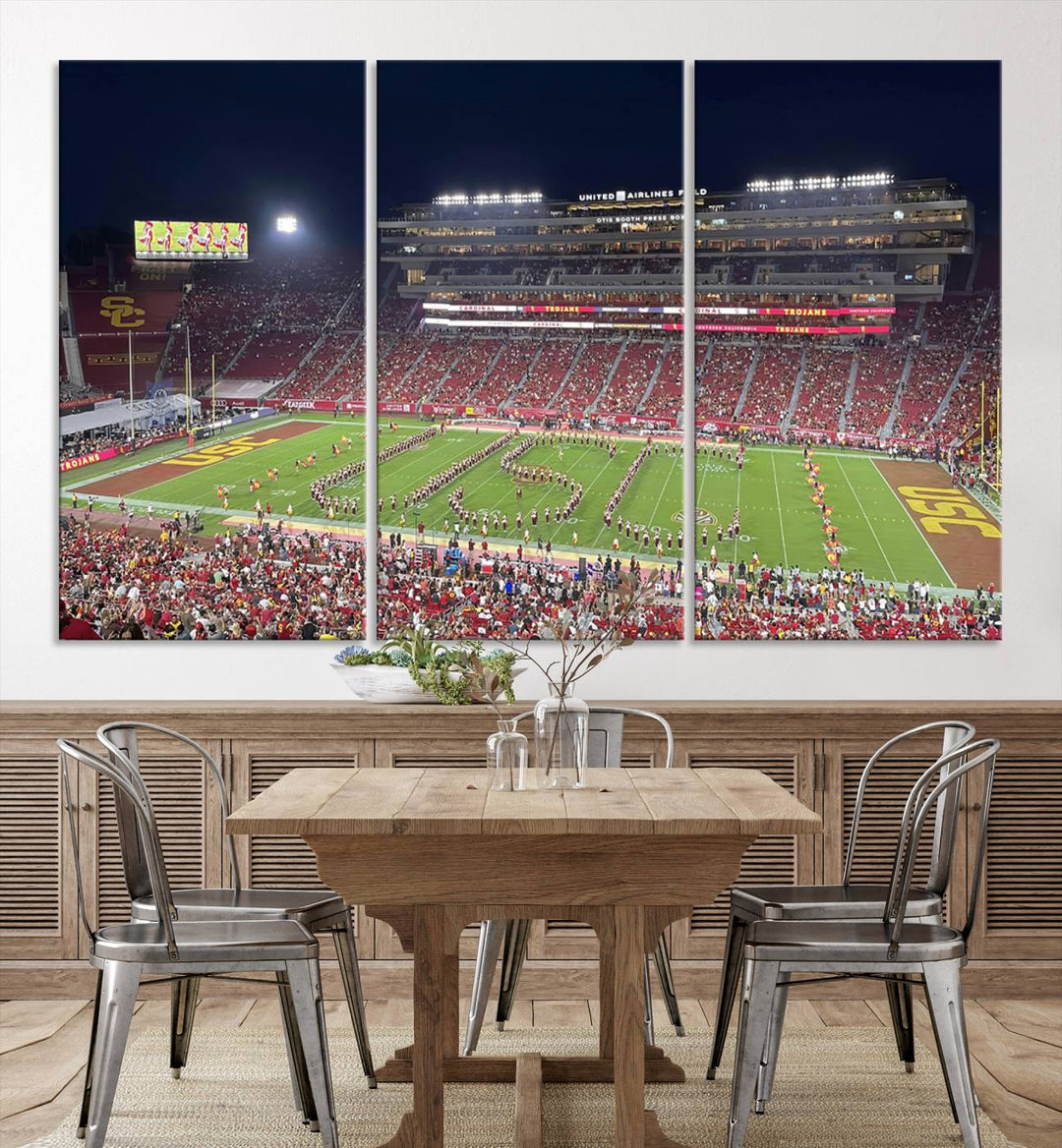 Canvas print depicting a packed stadium at night with a marching band forming USC, celebrating the Trojans at Los Angeles Memorial Coliseum.