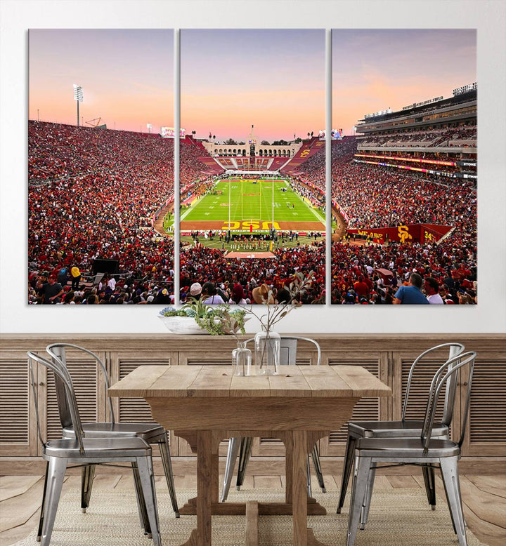 A USC Trojans wall art canvas print highlights the scene, depicting the Coliseum Stadium at sunset.