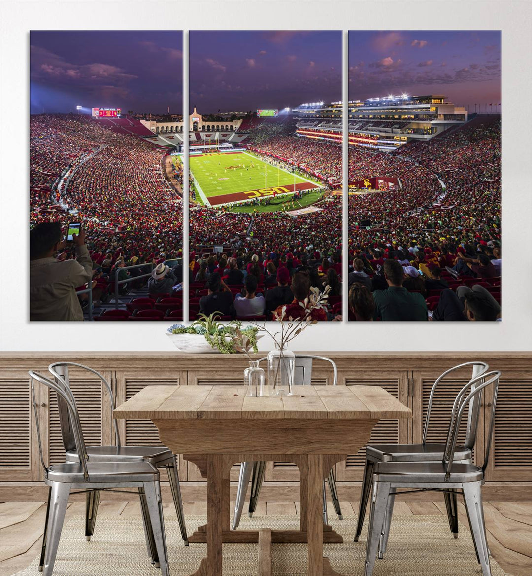 The vibrant wall art canvas print captures the USC Trojans playing under lights at dusk in LA Memorial Coliseum.