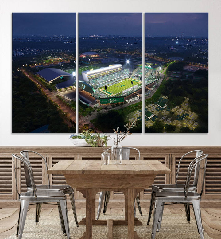 The USF Bulls Football Team Wall Art Canvas Print showcases the Tampa USF Football Stadium at night with city lights.