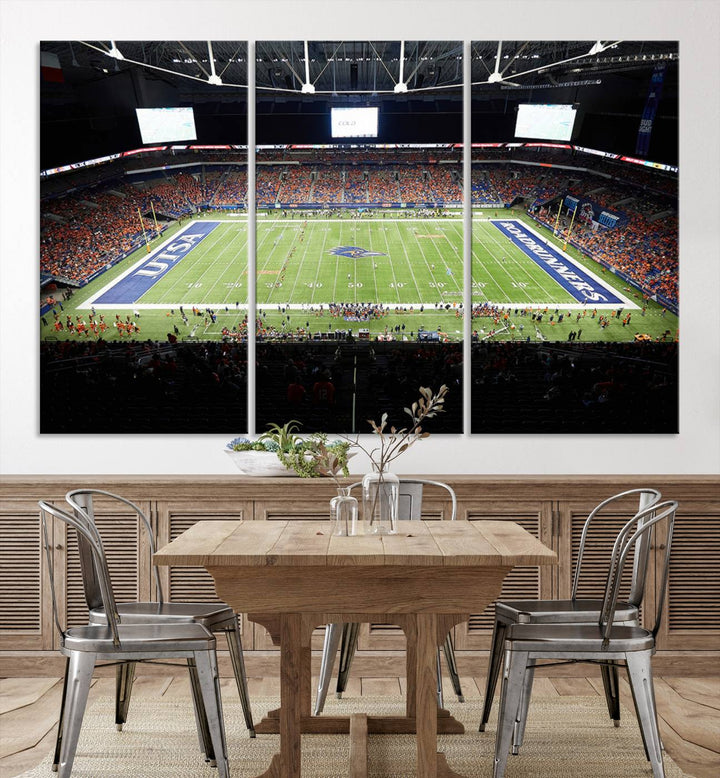 The UTSA Roadrunners game at Alamodome canvas print captures the scene from above, displaying fans and the UTSA lettering on the field.