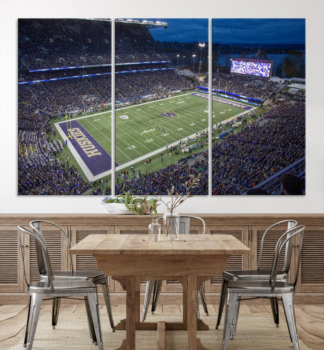 The University of Washington Huskies Football Team Print: Seattle Husky Stadium Wall Art Canvas captures a dusk stadium view.