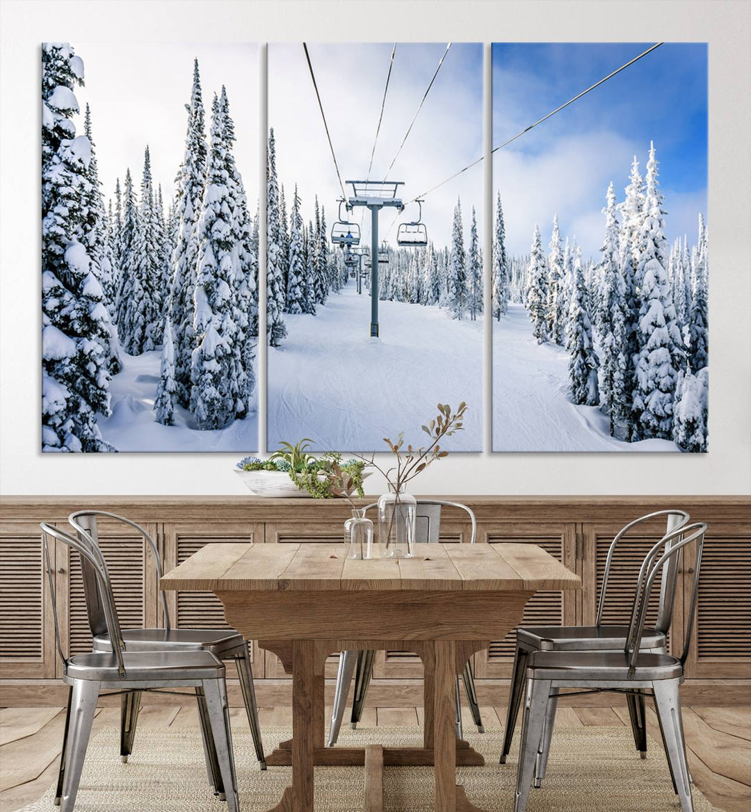 Winter Ski Lift Landscape Wall Art | Snowy Mountain Adventure | Framed and Ready to Hang | Perfect for Cabin Wall Art, Farmhouse Decor