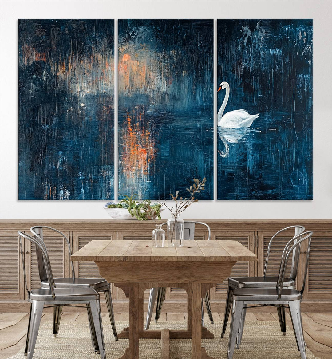 Abstract Swan Wall Art | Moody Blue and Orange Swan Painting on Canvas | Framed and Ready to Hang | Elegant and Modern Art for Living Room or Bedroom Decor