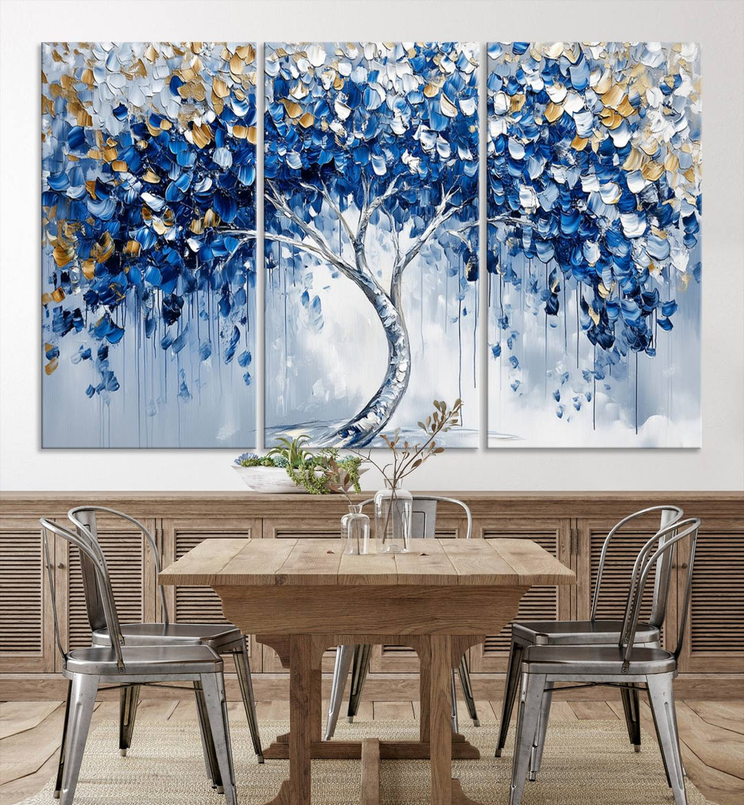 Elegant Blue and Gold Abstract Tree Wall Art | Textured Modern Tree of Life Painting | Framed Canvas Print | Ready to Hang for Dining Room Decor