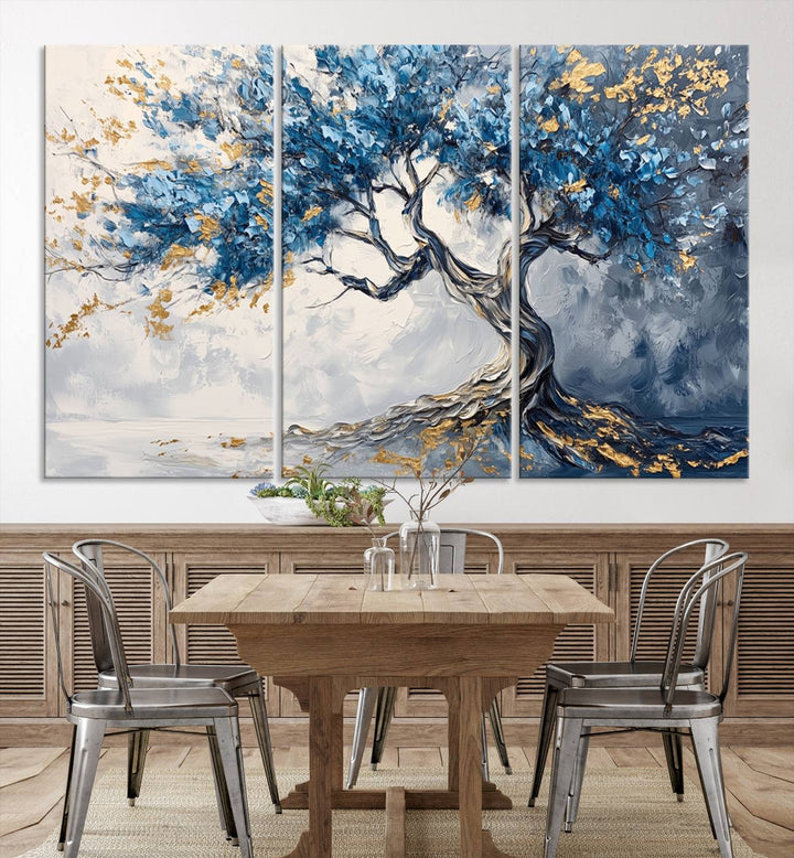 Elegant Abstract Tree Canvas Wall Art | Tree of Life Painting | Textured Art in Blue and Gold | Framed & Ready to Hang for Modern Living Room Decor