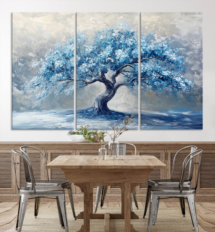 Serene Abstract Blue Tree Wall Art | Canvas Print of a Majestic Tree in Blue Hues | Perfect for Farmhouse, Coastal, and Modern Decor