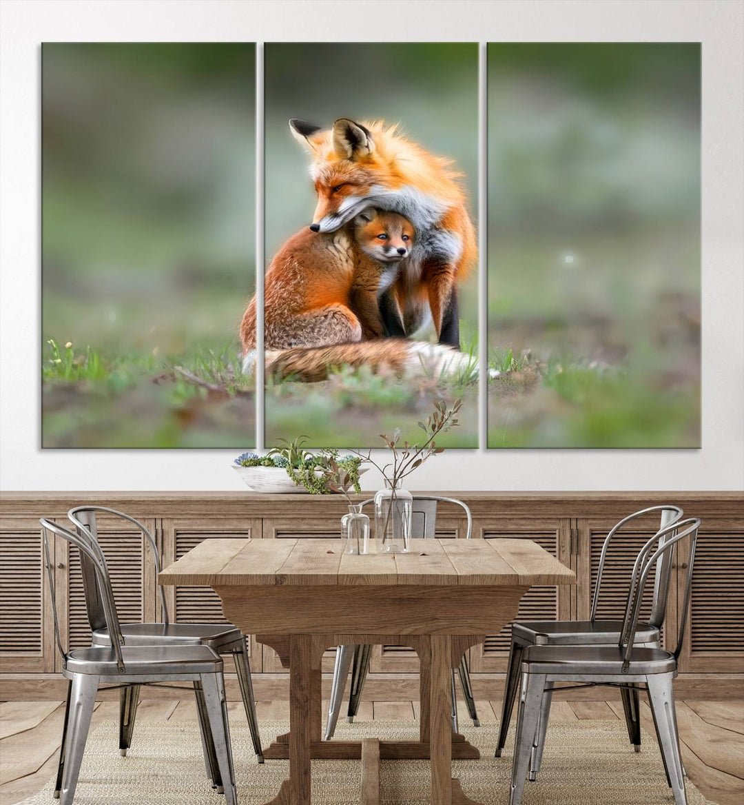 Heartwarming Fox and Baby Cub Wall Art | Ready to Hang Canvas Print of Foxes in Nature | Perfect for Animal Lovers, Rustic Decor, and Cabin Wall Art