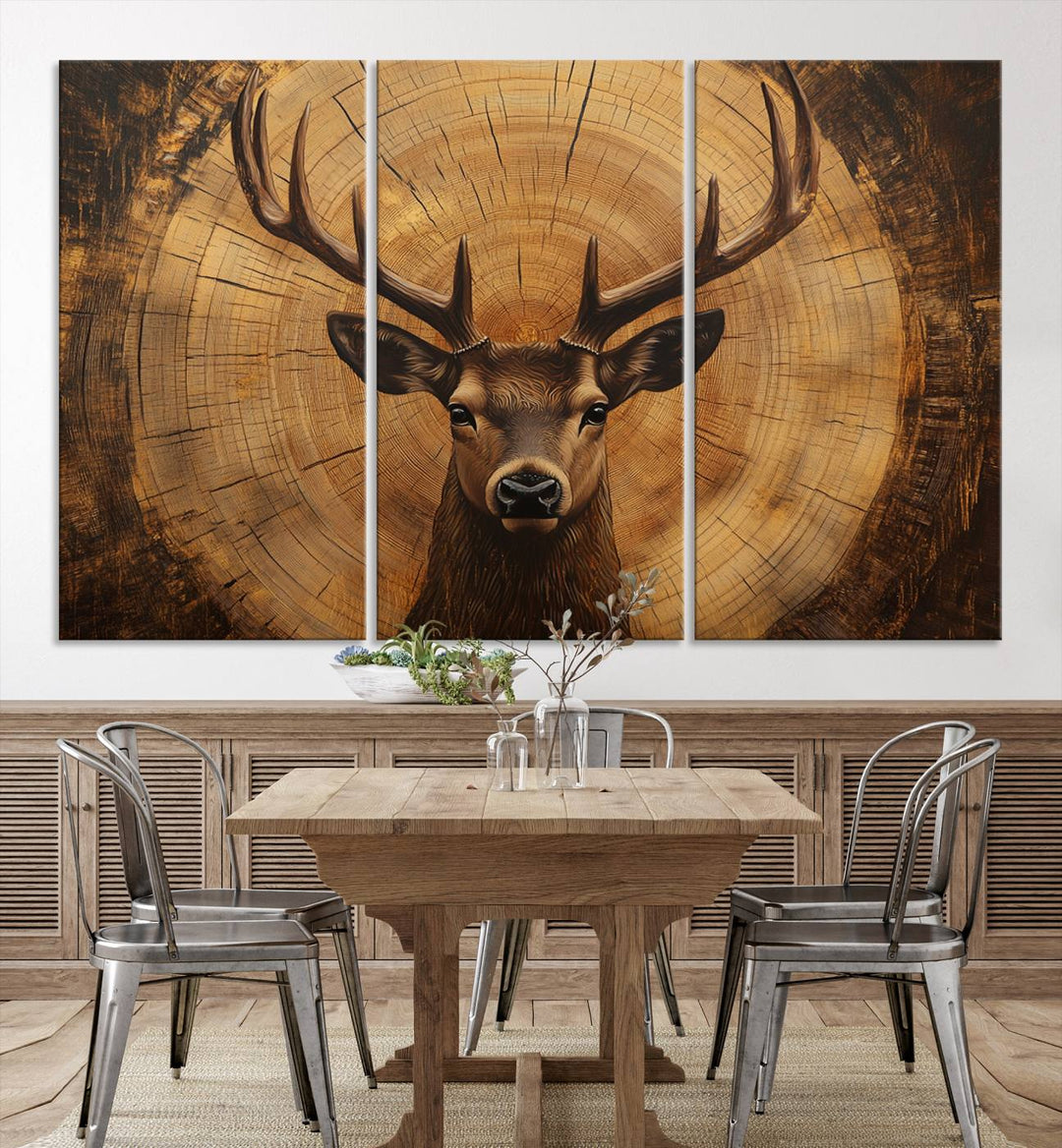 Deer Wall Art Canvas Print | Ready to Hang Canvas Print of a Stag with Rustic Tree Rings | Perfect for Farmhouse Wall Decor, Cabin Wall Art