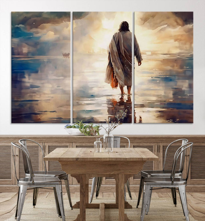 Jesus Walking on Water Wall Art | Ready to Hang Spiritual Triptych Canvas Print | Inspirational Christian Decor for Home or Church