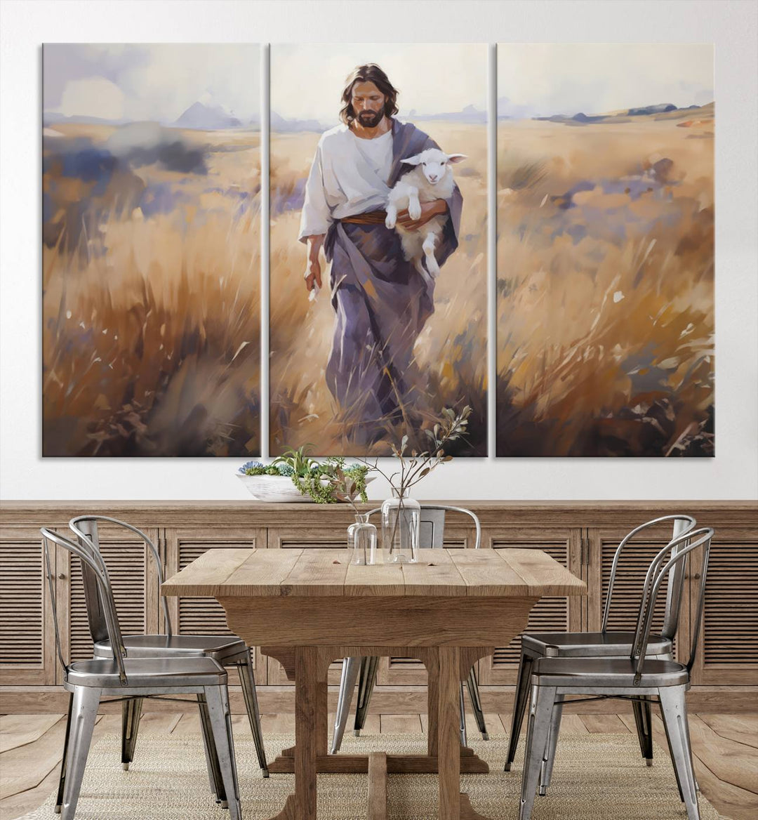 Jesus the Good Shepherd Wall Art Canvas Print - Lost Lamb  Print for Prayer Room Decor