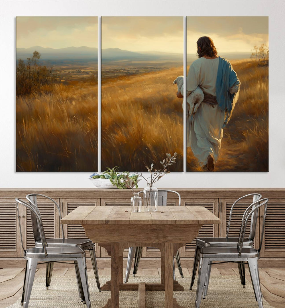 The wall art, titled Jesus the Good Shepherd, depicts a golden field at sunset.