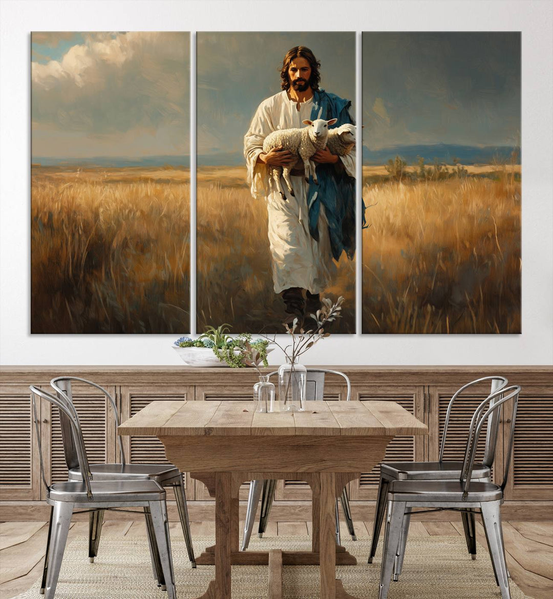 Jesus Shepherd Wall Art | Ready to Hang Triptych Canvas of Jesus Holding a Lamb in a Field | Inspirational Christian Decor for Home