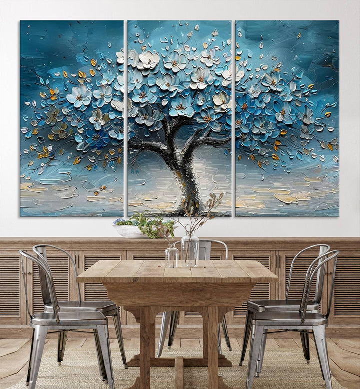 Abstract Blooming Tree Wall Art Print features blue, white, and gold textures on museum-quality canvas, perfect for modern decor.